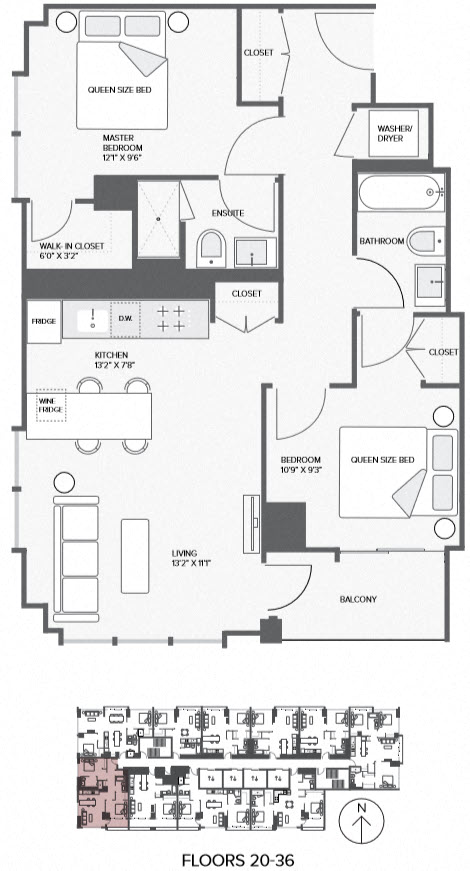 Floor plan for 2 beds, 2 baths, 863 sqft